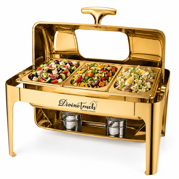 Divine Touch 9L Stainless Steel Gold Rectangle Rolltop Chafing Dish with Visual Window — Kenya · WIMU Kitchen Nairobi