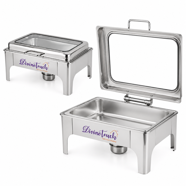 Divine Touch 9L Stainless Steel Silver Rectangle Hydraulic Chafing Dish with Visible Glass — Kenya · WIMU Kitchen Nairobi