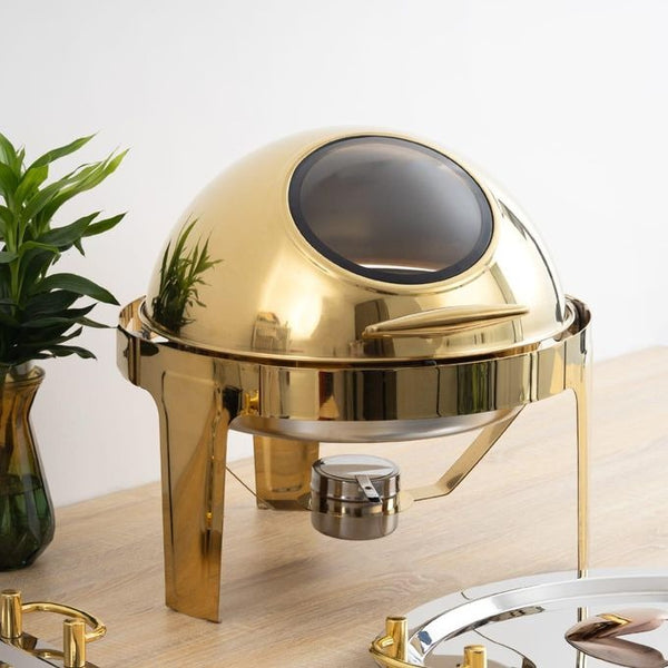 Executive Gold Round Roll Top Chafing Dish Set 6 Litre Stainless Steel with Stay Open Lid for Buffet Serving — Kenya · WIMU Kitchen Nairobi