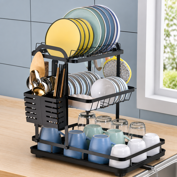 3-Tier Carbon Steel Dish Rack with Cutlery Basket & Drain Tray — WIMU Kitchen Nairobi — Kenya · WIMU Kitchen Nairobi