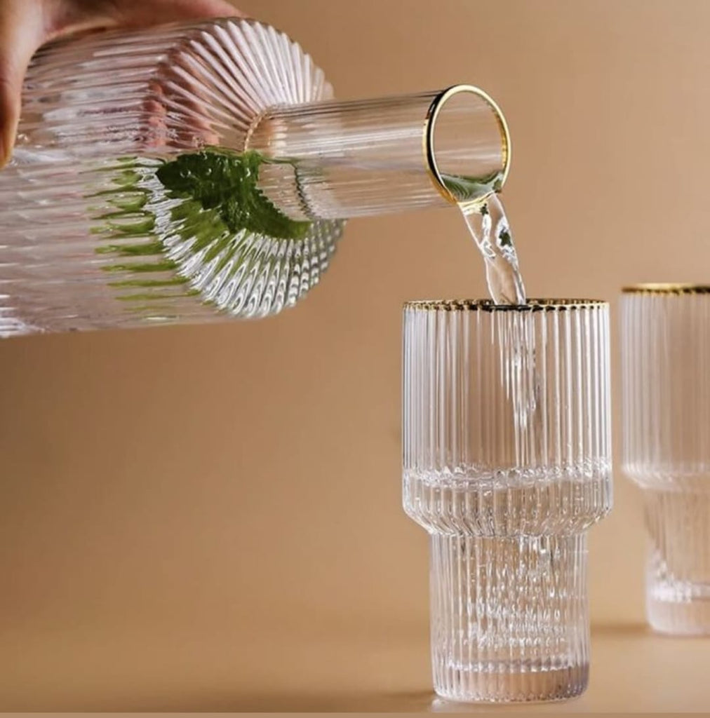 6Pc Ribbed glasses with gold rim and decanter (view 4) — buy in Kenya at WIMU Kitchen Nairobi · M-Pesa accepted