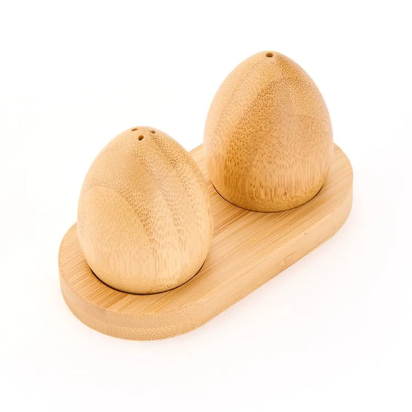 Bamboo Salt & Pepper Shaker Set with Wooden Tray – Egg-Shaped Natural Wood Spice Dispensers, 3 Piece — WIMU Kitchen Nairobi — Kenya · WIMU Kitchen Nairobi