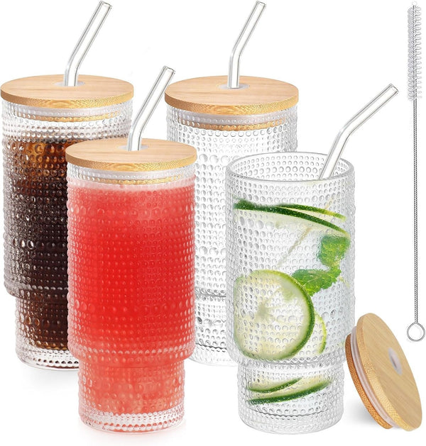 Set of 4 Cocktail Glasses, 350 ml Polka Dot Long Drink Glasses with Lid, Iced Coffee Glasses with 4 Straws / 1 Brush for Water, Cocktails, Juice, Transparent — Kenya · WIMU Kitchen Nairobi