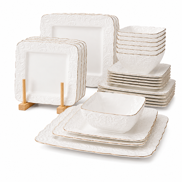 24-Piece White Embossed Porcelain Dinner Set with Gold Trim – Square Design — WIMU Kitchen Nairobi — Kenya · WIMU Kitchen Nairobi