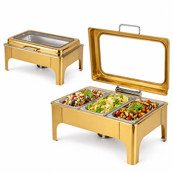 Divine Touch Triple 9L Stainless Steel Rectangular Hydraulic Chafing Dish with Visible Glass Lid — Kenya · WIMU Kitchen Nairobi