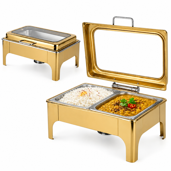 Divine Touch Double 9 Ltr Stainless Steel Rectangle Hydraulic Chafing Dish with Visible Glass Lid — Kenya · WIMU Kitchen Nairobi