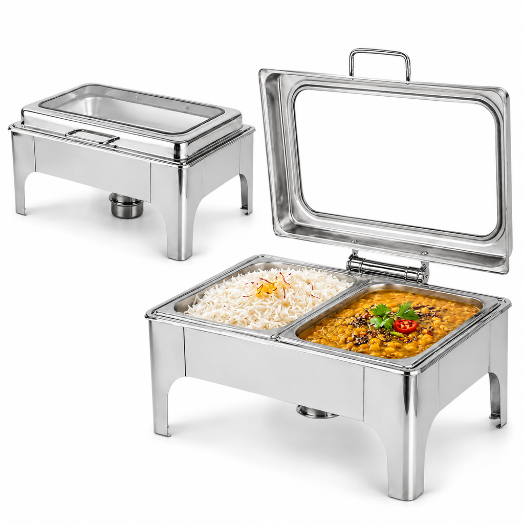Divine Touch Double 9 Ltr Stainless Steel Rectangle Hydraulic Chafing Dish with Visible Glass Lid — buy in Kenya at WIMU Kitchen Nairobi · M-Pesa accepted