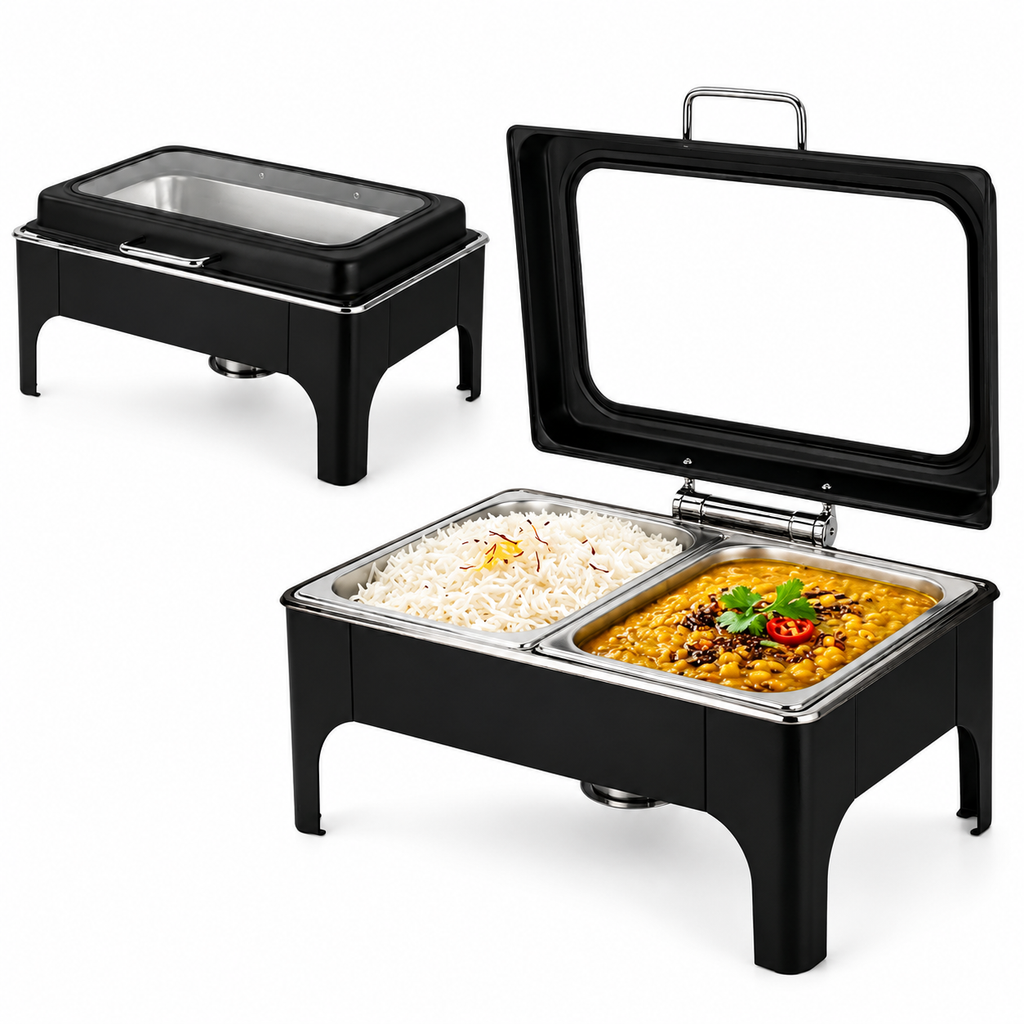 Divine Touch Double 9 Ltr Stainless Steel Rectangle Hydraulic Chafing Dish with Visible Glass Lid — buy in Kenya at WIMU Kitchen Nairobi · M-Pesa accepted