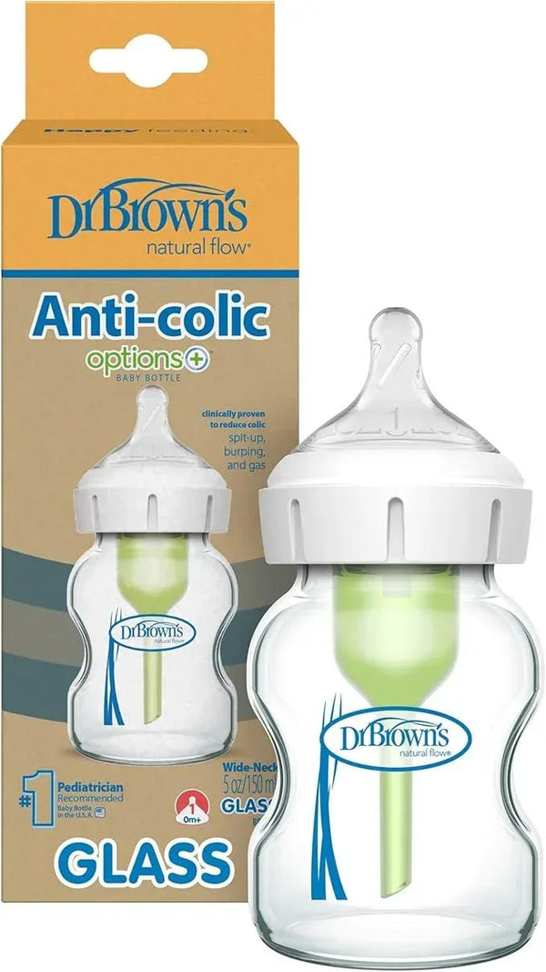 Dr Brown's Natural Flow Anti-Colic Options+ Wide-Neck Glass Baby Bottle, 5oz/150 ml, with Level 1 Teat, Pack of 1 — Kenya · WIMU Kitchen Nairobi