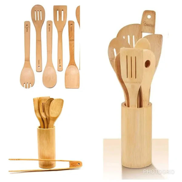 Bamboo Wooden Spoon Set & Utensil Holder 5-Piece – Kitchen Cooking Spoons — Kenya · WIMU Kitchen Nairobi