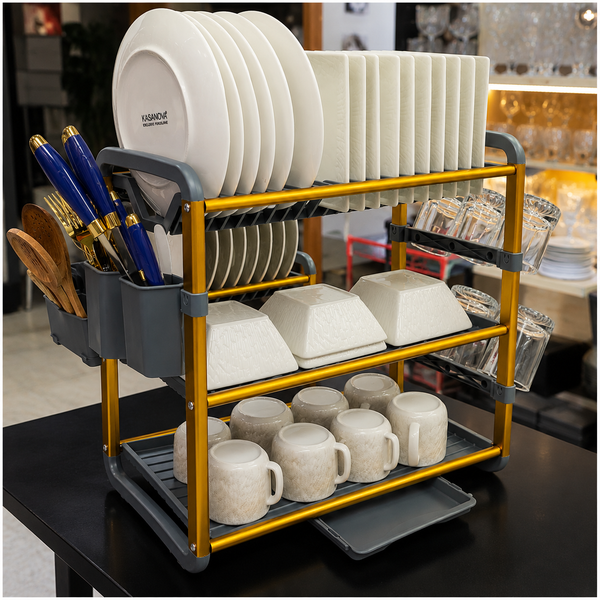 Heavy-Duty Aluminum 3-Tier Dish Drying Rack with Drain Tray & Utensil Holders — WIMU Kitchen Nairobi — Kenya · WIMU Kitchen Nairobi