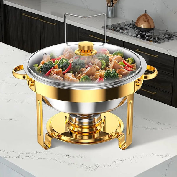 Round Stainless Steel Chafing Dish with Gold Accents – 5L Buffet Food Warmer + Tongs — WIMU Kitchen Nairobi — Kenya · WIMU Kitchen Nairobi