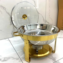 Round Stainless Steel Chafing Dish with Gold Accents – 5L Buffet Food Warmer + Tongs — WIMU Kitchen Nairobi — Kenya · WIMU Kitchen