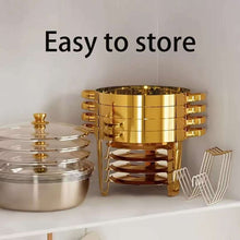 Round Stainless Steel Chafing Dish with Gold Accents – 5L Buffet Food Warmer + Tongs — WIMU Kitchen Nairobi — Kenya · WIMU Kitchen