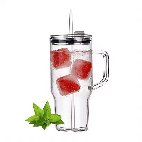 Danny Home 1L Borosilicate Glass Tumbler with Handle, Lid & Straw | Ribbed Crystal Glass for Juice, Smoothies, Chai & Milkshakes — Kenya · WIMU Kitchen Nairobi