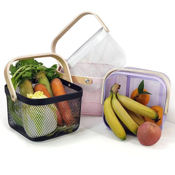 Modern Mesh Storage Basket – Metal Wire Body with Wooden Handles, 25×25×18cm — WIMU Kitchen Nairobi — Kenya · WIMU Kitchen Nairobi