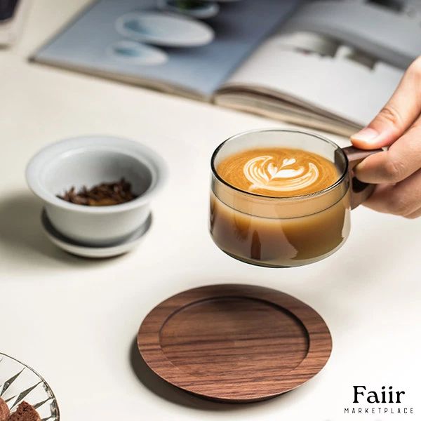 Retro Glass Tea & Coffee Cup with Wooden Handle & Saucer (250ml) — Kenya · WIMU Kitchen Nairobi