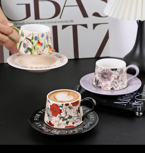 Hand Printed Peony Ceramic Coffee Cup with Saucer Set 300ml Gift Box — Kenya · WIMU Kitchen Nairobi