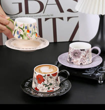 Hand Printed Peony Ceramic Coffee Cup with Saucer Set 300ml Gift Box — Kenya · WIMU Kitchen