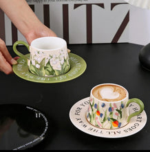 Hand Printed Peony Ceramic Coffee Cup with Saucer Set 300ml Gift Box — Kenya · WIMU Kitchen
