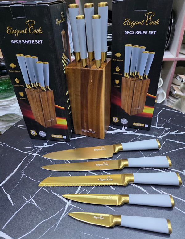 6pcs Golden Stainless Steel Knife Set with Wooden Block | Elegant Kitchen Knives in Kenya — Kenya · WIMU Kitchen Nairobi