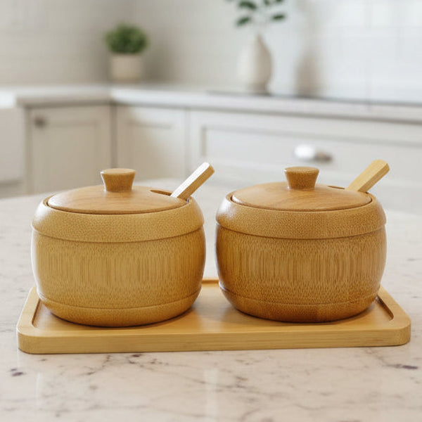 Bamboo Condiment Jar Set with Spoon & Tray – Eco-Friendly Natural Wood Salt & Spice Storage Container, 3 Piece — WIMU Kitchen Nairobi — Kenya · WIMU Kitchen Nairobi