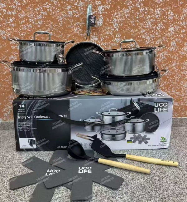 UccLife Triply Stainless Steel Cookware Set – 14 Piece Ribbed Sufuria & Frying Pan Set with Lids, Silicone Utensils & Pot Protector — WIMU Kitchen Nairobi — Kenya · WIMU Kitchen Nairobi