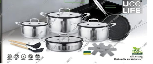 UccLife Triply Stainless Steel Cookware Set – 14 Piece Ribbed Sufuria & Frying Pan Set with Lids, Silicone Utensils & Pot Protector — WIMU Kitchen Nairobi — Kenya · WIMU Kitchen