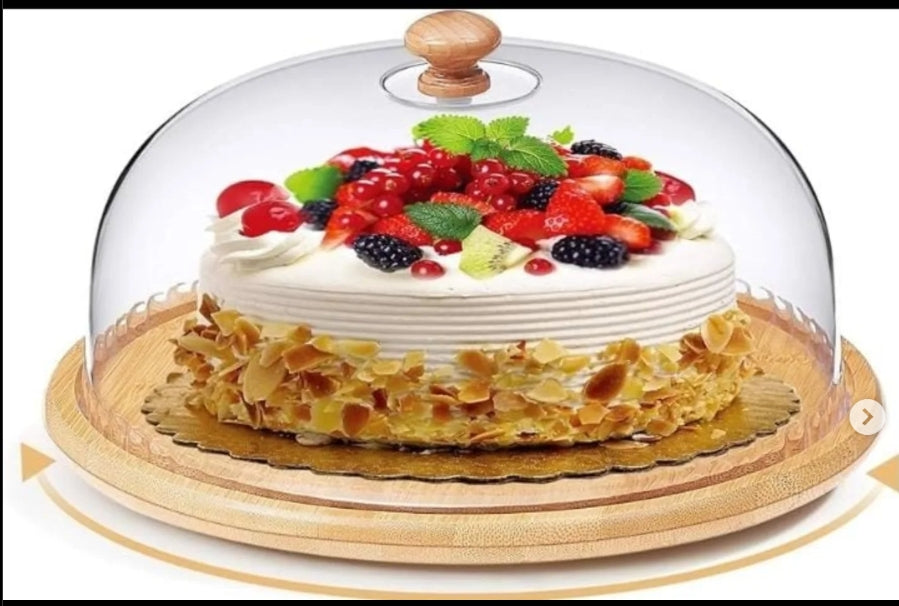 High quality bamboo base cake/fruit stand with high quality acrylic top dome cover l — buy in Kenya at WIMU Kitchen Nairobi · M-Pesa accepted