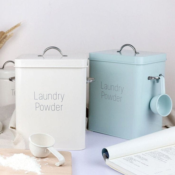 Alloy Laundry Powder Storage Tin with Matching Scoop – 3kg Capacity, Off-White & Blue — WIMU Kitchen Nairobi — Kenya · WIMU Kitchen Nairobi