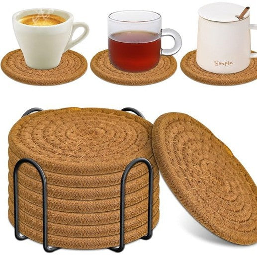 8-Piece Woven Cotton Drink Coasters with Metal Stand – Absorbent, Heat-Resistant Table Mats — WIMU Kitchen Nairobi — Kenya · WIMU Kitchen Nairobi