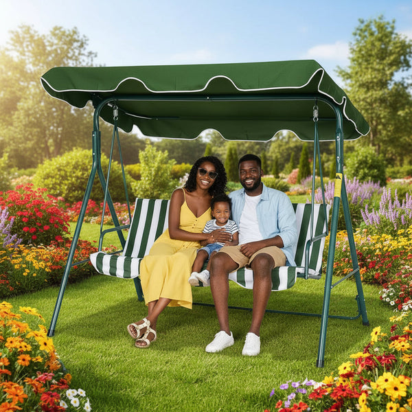 3 Seat Garden Swing Chair with 600D Oxford Canopy, Green and White Stripe — WIMU Kitchen Nairobi — Kenya · WIMU Kitchen Nairobi