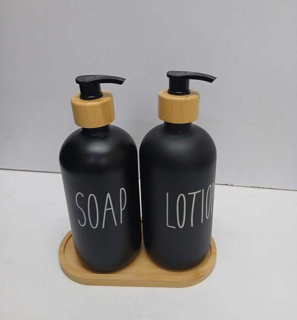 Ceramic Soap and Lotion Dispenser Set with Bamboo Pumps and Tray — WIMU Kitchen Nairobi — Kenya · WIMU Kitchen Nairobi