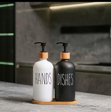 Ceramic Soap and Lotion Dispenser Set with Bamboo Pumps and Tray — WIMU Kitchen Nairobi — Kenya · WIMU Kitchen