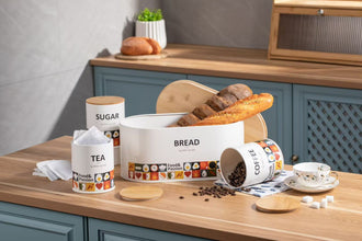 Bread Bin and 3 Canister Set, Bamboo Lids, Food Print, White or Grey — WIMU Kitchen Nairobi — Kenya · WIMU Kitchen