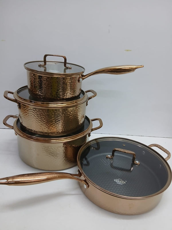 8-Piece Heavy Stainless Steel Cookware Set in Gold Hammered Finish with Glass Lids — WIMU Kitchen Nairobi — Kenya · WIMU Kitchen Nairobi