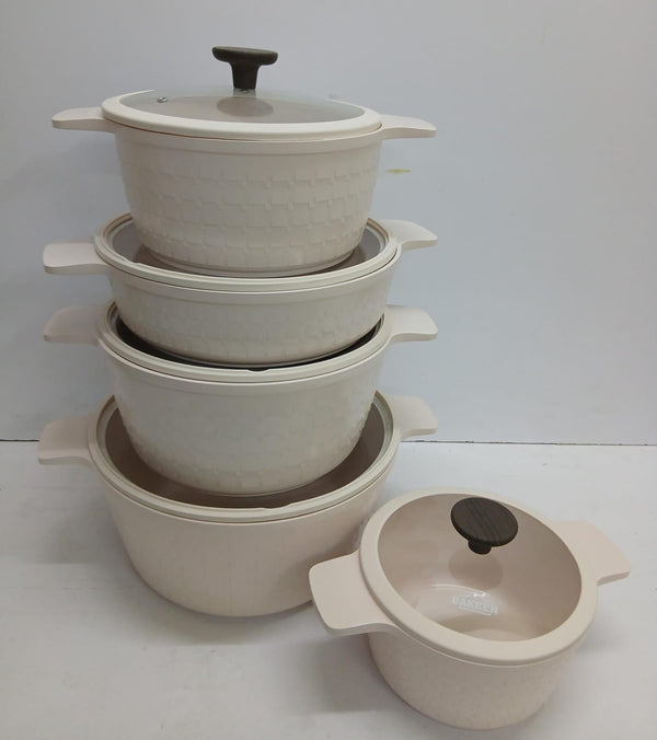 10-Piece Non-Stick Casserole Set, Induction Ready, Cream with Woven Texture Exterior — WIMU Kitchen Nairobi — Kenya · WIMU Kitchen Nairobi