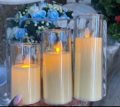 3-Piece Flameless LED Pillar Candle Set in Clear Sleeves, 10cm, 12.5cm and 15cm — WIMU Kitchen Nairobi — Kenya · WIMU Kitchen