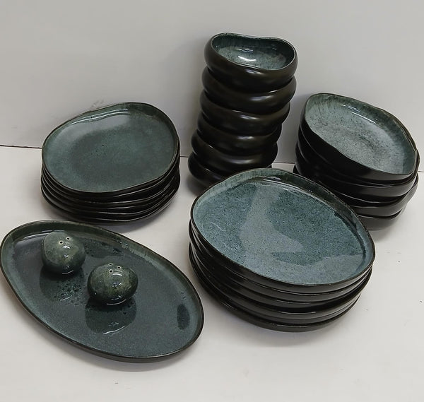 27-Piece Reactive Glaze Ceramic Dinner Set in Dark Green with Salt and Pepper Shakers — WIMU Kitchen Nairobi — Kenya · WIMU Kitchen Nairobi