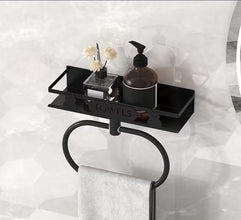 Black Wall-Mounted Towel Rack with Storage Shelf — WIMU Kitchen Nairobi — Kenya · WIMU Kitchen