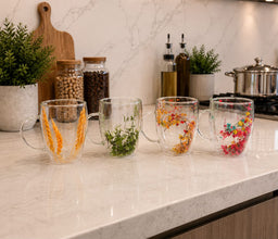 Double-Wall Borosilicate Glass Mug with Pressed Floral Design – 350ml — WIMU Kitchen Nairobi — Kenya · WIMU Kitchen