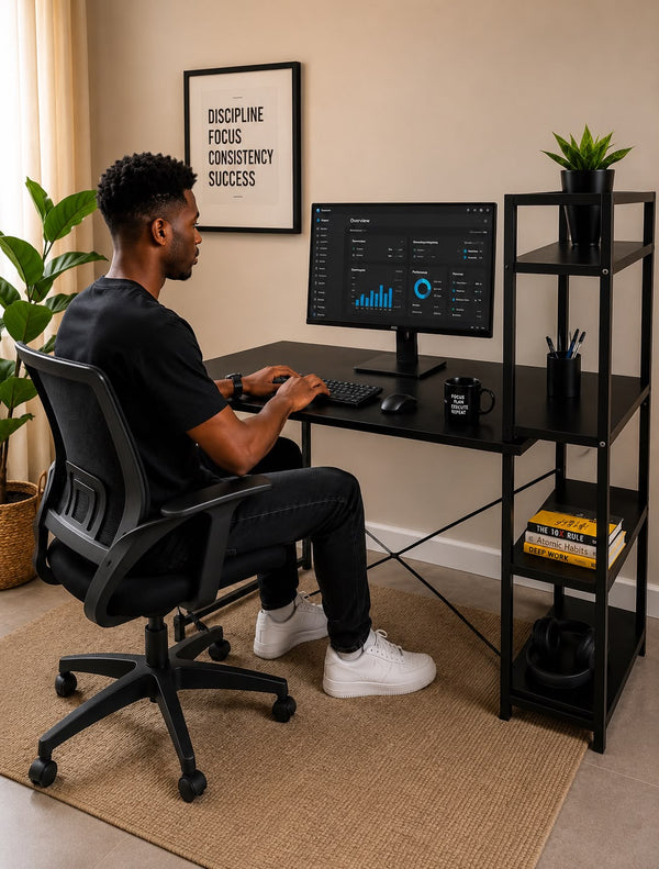 Large Ergonomic Workstation Desk with Shelves - Black Metal Frame Home Office Desk — WIMU Kitchen Nairobi — Kenya · WIMU Kitchen Nairobi