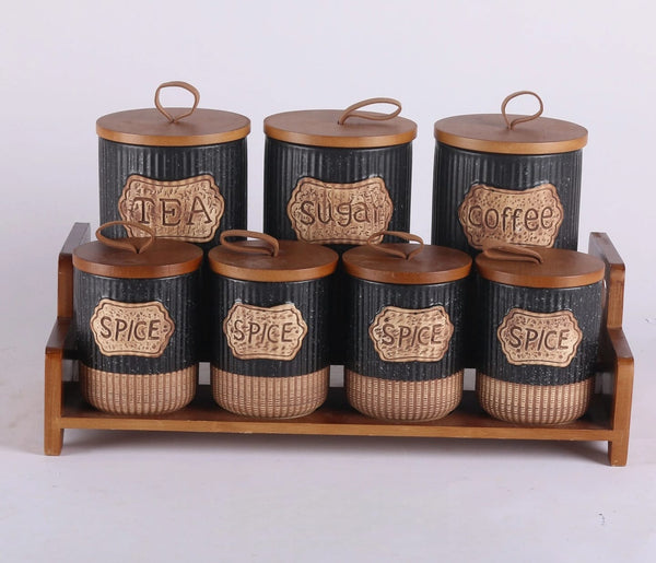 7 Piece Rustic Ceramic Canister Set with 2-Tier Wooden Stand - Ribbed Jars in Black or White — WIMU Kitchen Nairobi — Kenya · WIMU Kitchen Nairobi