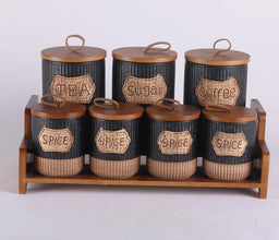 7 Piece Rustic Ceramic Canister Set with 2-Tier Wooden Stand - Ribbed Jars in Black or White — WIMU Kitchen Nairobi — Kenya · WIMU Kitchen