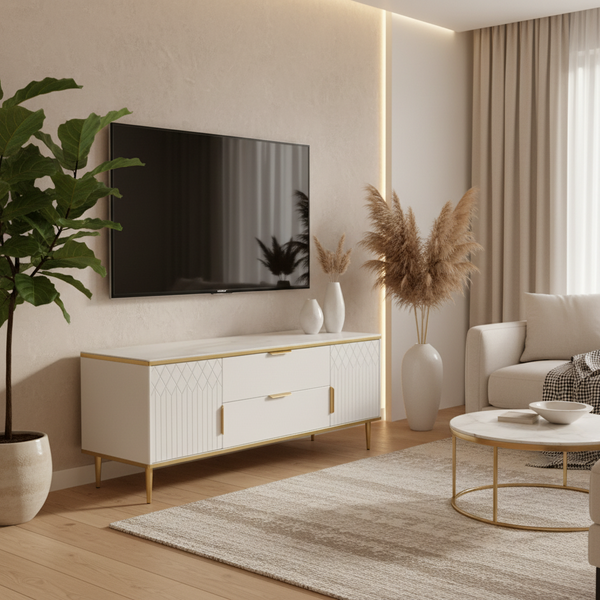 Glass Top Coffee Table with 2 Drawers and 2 Cabinets - Marble-Look Top with Gold Trim — WIMU Kitchen Nairobi — Kenya · WIMU Kitchen Nairobi