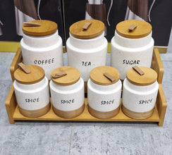7 Piece Ceramic Canister Set with Wooden Stand - White Speckled Jars with Leather Loop Lids — WIMU Kitchen Nairobi — Kenya · WIMU Kitchen