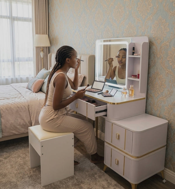 Light Grey and Gold Vanity Dressing Table with LED Mirror, Drawers and Side Shelving — WIMU Kitchen Nairobi — Kenya · WIMU Kitchen Nairobi
