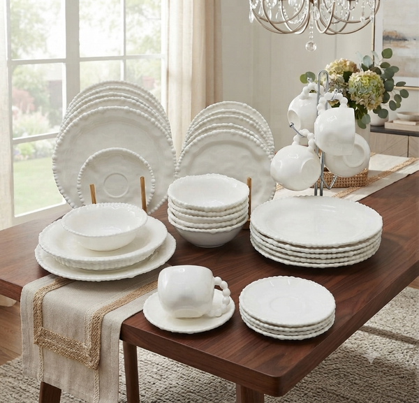 36 Piece Pearl Rim White Dinnerware Set - Beaded Porcelain Service for Six — WIMU Kitchen Nairobi — Kenya · WIMU Kitchen Nairobi
