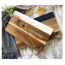 Acacia wood cutting and charcuterie board with marble stitch inlay – side view — Kenya · WIMU Kitchen