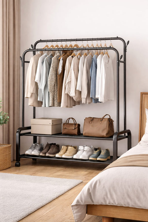Heavy-Duty Double Rail Clothes Rack with Wheels & Shoe Shelf — WIMU Kitchen Nairobi — Kenya · WIMU Kitchen Nairobi